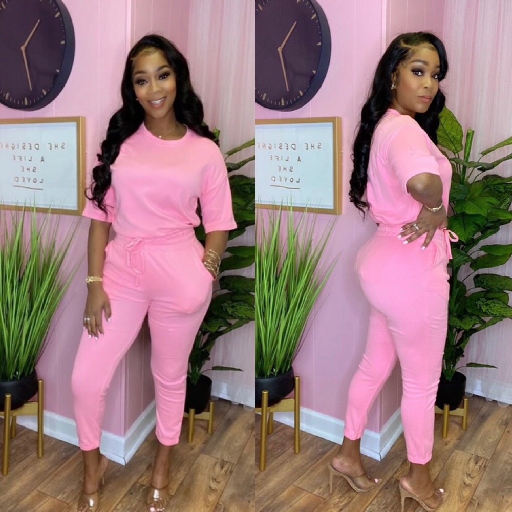 Large Women’s Pink Two Piece Pants Set Outfit